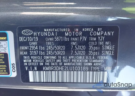 2020 Hyundai Palisade Sel z USA, uszkodzony, nr VIN KM8R3DHE2LU103189